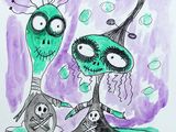 drawing of a couple of alien like creatures on a purple background