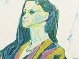 une peinture à l'huile représentant une femme aux cheveux longs vêtue d'une robe rayée