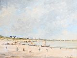 a painting of people on the beach by the water