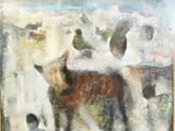 un tableau représentant une vache et des oiseaux dans un champ