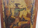 painting of a man with a sword on a wooden frame