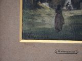 a picture of a painting of a woman walking in a field