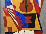 une image représentant un tableau sur lequel figurent un violon et des cartes à jouer