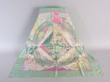 green and pink silk scarf with a picture of a woman in a garden