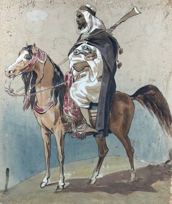 peinture d'un homme à cheval avec une épée à la main