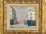 une peinture à l'huile représentant une scène de rue avec des bâtiments et une calèche