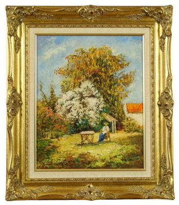 un tableau représentant une femme assise sur un banc sous un arbre