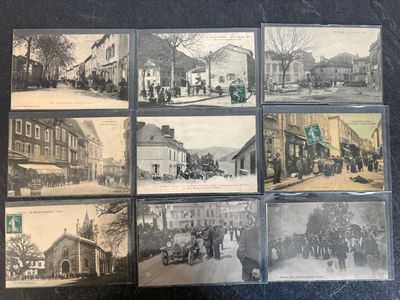 several old black and white photographs of a town street