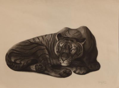 peinture représentant un tigre se reposant sur un rocher, sur une photo en noir et blanc