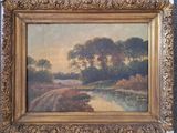 une peinture à l'huile représentant un paysage avec une rivière et des arbres