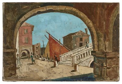 an image of a painting of a street scene with a boat in the water