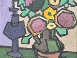 a painting of flowers in a vase on a table