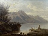 un tableau représentant un groupe de personnes en train de pêcher sur un lac