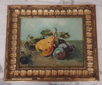 tableau représentant une nature morte avec des fruits sur une surface en marbre