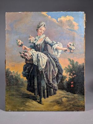 an old painting of a woman holding flowers in a field