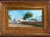 an oil painting of a village scene with a horse drawn carriage