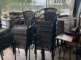 tables and chairs in front of a window with a view of a city