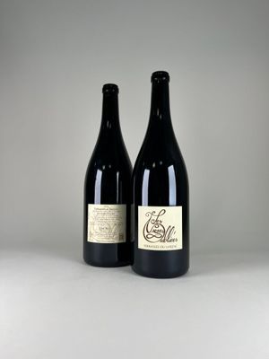 two bottles of wine sitting next to each other on a table