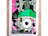 graffiti art of a cat with a green hat and a pink and black background
