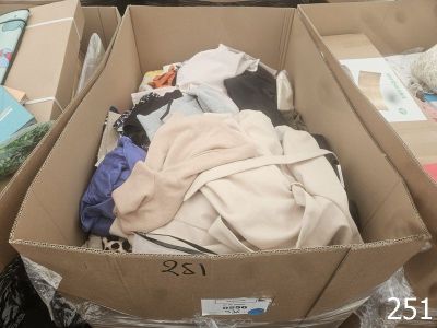 de nombreux cartons de vêtements qui traînent par terre