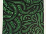 an image of a painting of green snakes on a black and white background