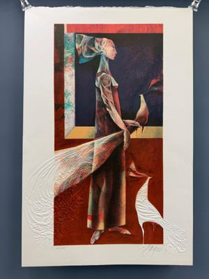 une image d'un tableau représentant une femme avec un oiseau dans la main