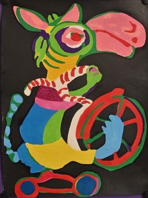 brightly colored drawing of a mouse on a skateboard on a purple surface