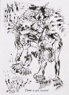 un dessin à l'encre représentant un homme à cheval avec un oiseau sur le dos