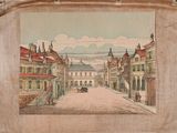 une vieille photo représentant une rue avec des bâtiments et une calèche