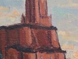 an oil painting of a church in a rural setting