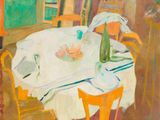 un tableau représentant une table et des chaises dans une pièce