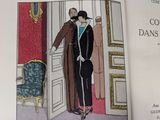 an open book with a picture of a man and a woman standing in front of a door