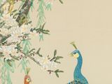 a painting of two peacocks sitting on a branch of a tree