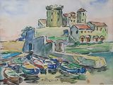 un tableau représentant un château sur une colline, avec des bateaux au premier plan