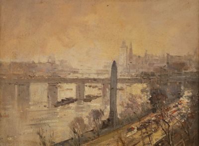 painting of a view of a city with a bridge and a tower