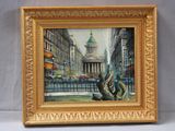 an image of a painting of a man sitting on a bench in front of a building