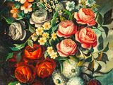 painting of a vase of flowers on a table with a blue cloth