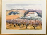 an image of a painting of a house in the middle of a field