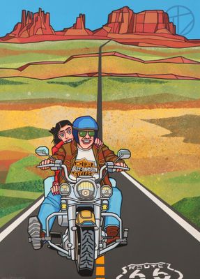 painting of a man and a woman riding a motorcycle down a road