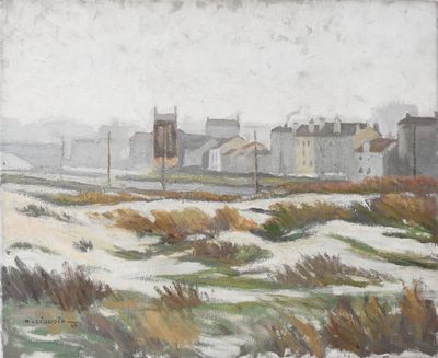 painting of a view of a town in the distance with a snow - covered field in the foreground