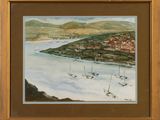a painting of boats in the water near a town
