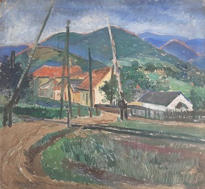 an image of a painting of a country road with houses in the distance