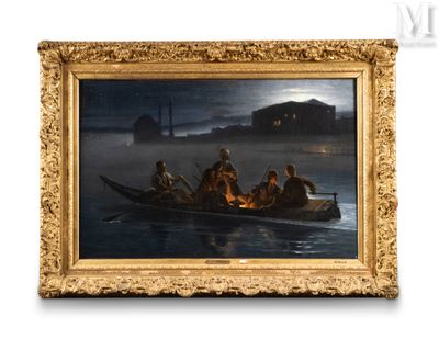une peinture représentant un groupe de personnes dans un bateau sur l'eau