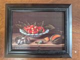 painting of a bowl of cherries and fruit on a table