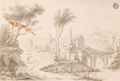 dessin représentant un paysage avec un pont et un château au loin