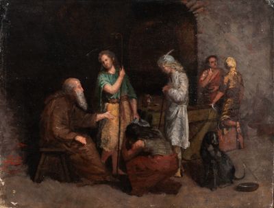 une image d'un tableau représentant un groupe de personnes dans une pièce