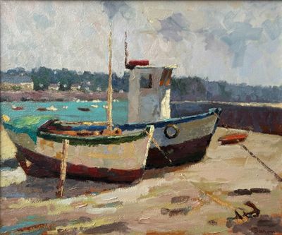a painting of a boat sitting on the shore