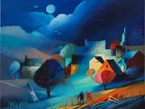 painting of a painting of a village at night with people walking in the snow