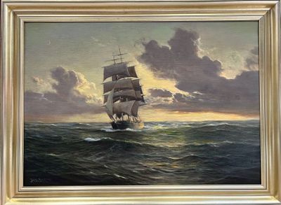 an oil painting of a sailing ship in the ocean at sunset