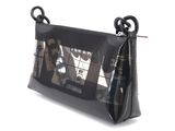 a black purse with a black handle on a white background